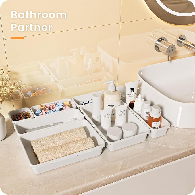 【Military Grade】A-LuGei Drawer Organizer,【】Makeup organizer,【Holds 177 Items】Bathroom Organizers and Storage,Organization and Storage,Desk Drawer Organizer for Vanity【White】