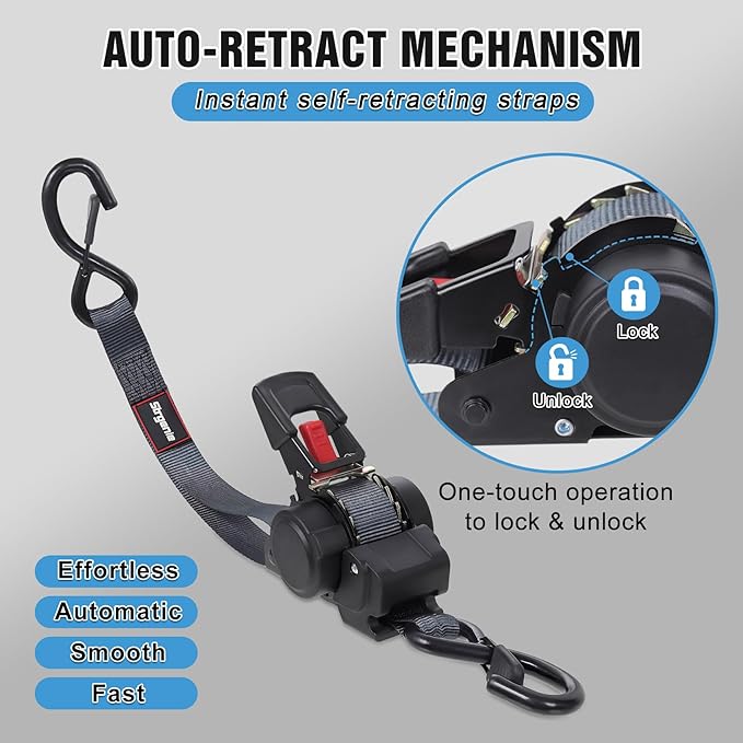 Retractable Ratchet Straps12FT Automatic Ratchet Tie Down Straps Self Ratcheting Cargo Straps for Motorcycle, Truck, Boat