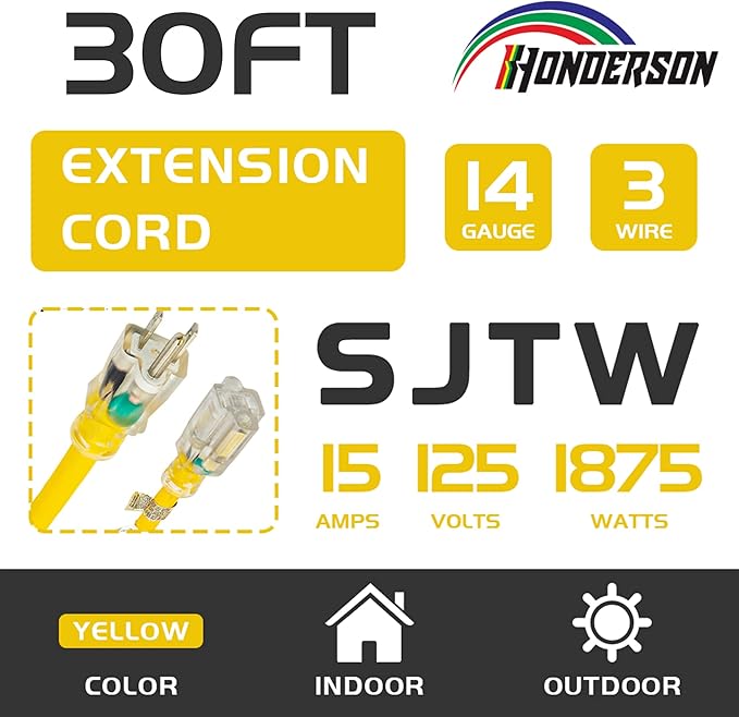 Indoor Outdoor Extension Cord Weatherproof with Lighted End, UL Listed, 14 Gauge 30FT Yellow 3 Prong Heavy Duty, 14/3 SJTW 15A Power Cord for Outdoor Lights, Lawn