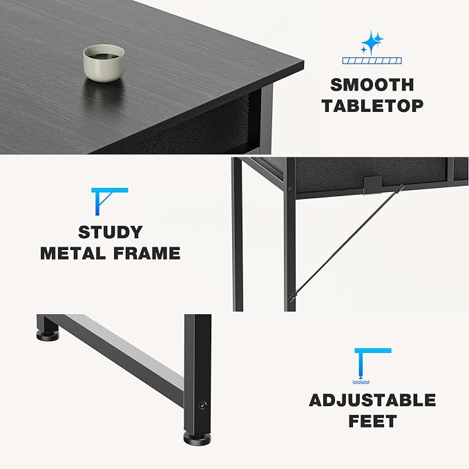 OLIXIS 32 Inch Small Desk, Computer Desk, Home Office | Fabric Drawers, Side Bag, Headphone Hook, Writing Study Work Table, Bedroom, Sleek Black