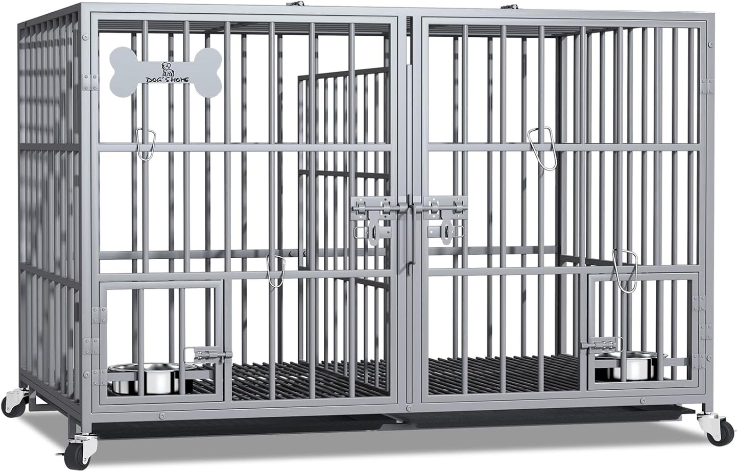 aboxoo 42/48 inch Heavy Duty Metal Dog Crate for 2 Dogs/Large Dog,All Metal Open Top,Dog Kennel Indoor with Wheels,Floor Grid, Tray, Divider and Feeding Bowl (Sliver)