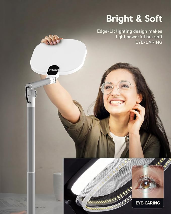 LitONES Tall LED Desk Lamps with Base, Edge-Lit Eye-Care, 50 Light Modes | 40" Height, Dimmable & Flexible, CRI>97.8, Memory and Timer Func, Stable Mental Base for Home Office, Video Calls & Drafting