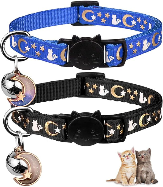 2PCS Breakaway Cat Collars with Bell Cute Kitty Glow in The Dark Adjustable Kitten Collars 7.9-13.0 Inch(Bule&Black)