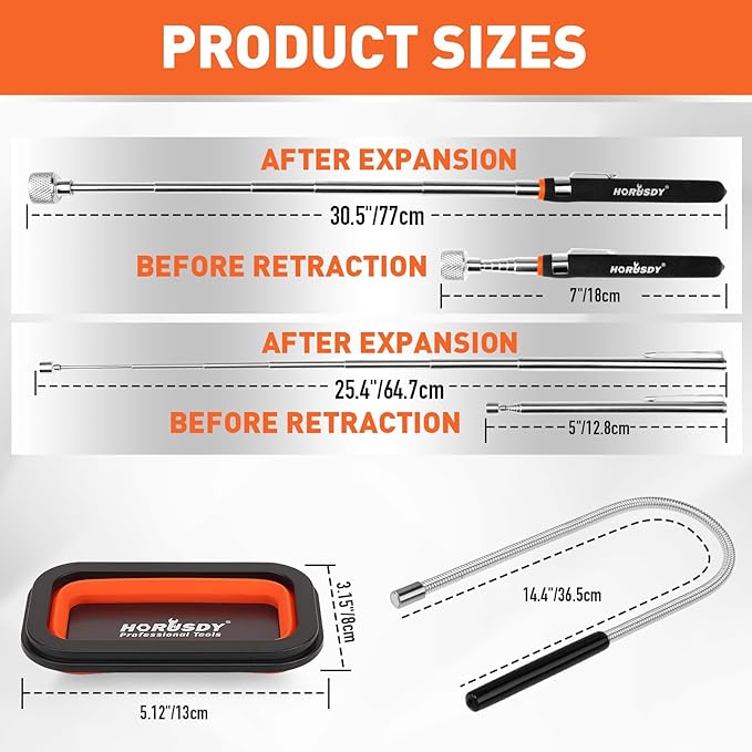 HORUSDY 4 - PIECE Magnetic Pickup Tools Kit | Extendable Telescoping Magnet Pick Up Tool Set 7-30.5” & 5-25” | Bend-It Flexible Magnetic Sweeper | Collapsible Parts Tray for Garage Workshop Yard