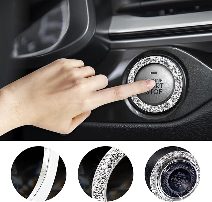 Kewucn 2 PCS Bling Crystal Double Rhinestone Car Engine Start Decoration Ring, Sparkling Push Start Button Sticker, Key Ignition & Knob Ring Decoration, Bling Car Interior Accessory(White)
