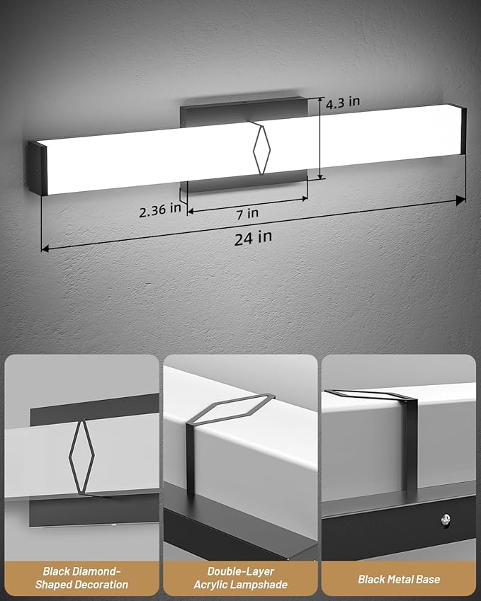 Bathroom Light Fixtures,Modern Bathroom Vanity Light,24.6inch Dimmable 25W 2700lm Black LED Vanity Lights Bar Over Mirror,5700K LED Lighting Fixture,ETL Certified