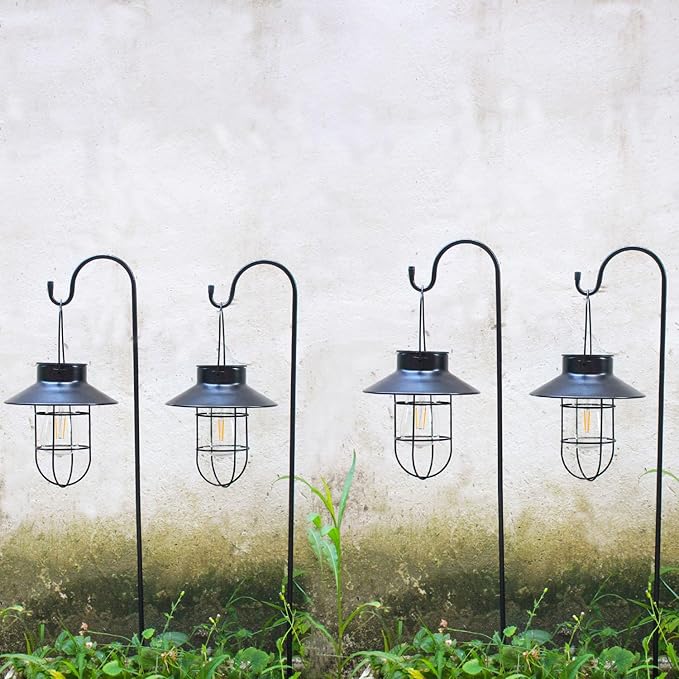 4 Pack Hanging Solar Lantern Lights with Shepherd Hook, Metal Waterproof Warm White Edison Bulb Lights for Garden Outdoor Pathway