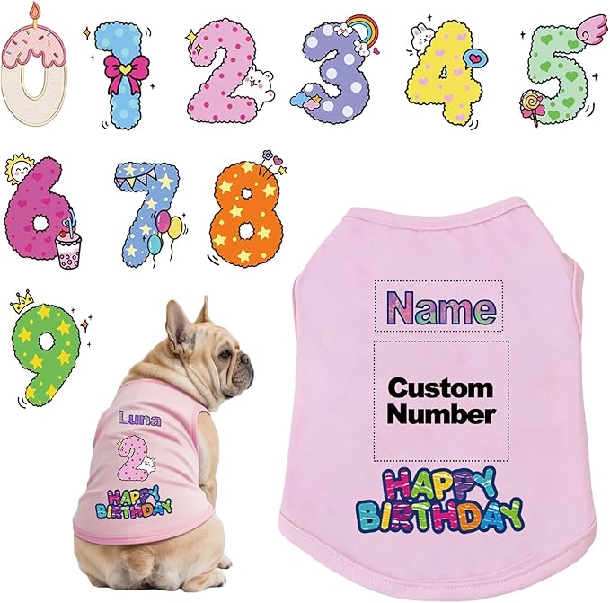 Custom Dog Birthday Shirt,Personalized Pet Apparel Print with Name Age Number,Pet Birthday Outfit,Lightweight Breathable Cotton Vest for Small Medium Large Dogs Cat (Pink, Small)