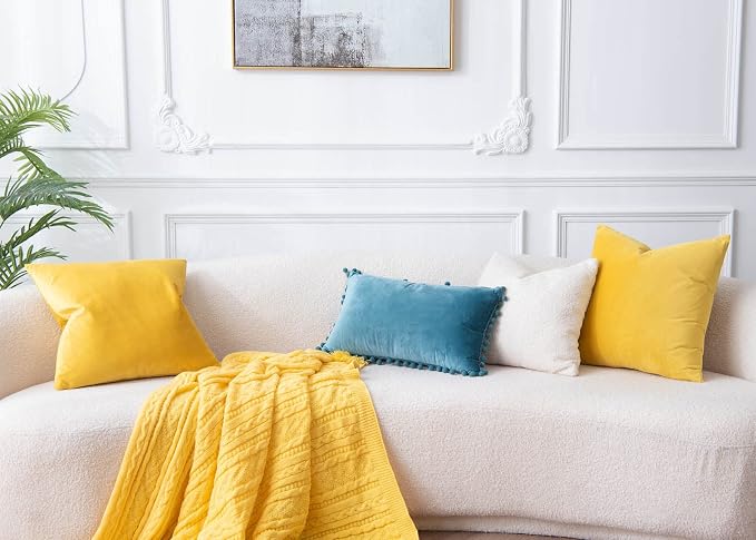 Yellow 20x20 Throw Pillow Covers Set of 2 Decorative Velvet Cushion Covers | Soft Pillow Cases with Invisible Zipper for Modern Couch Sofa Bed Living Room Bedroom Home Decor