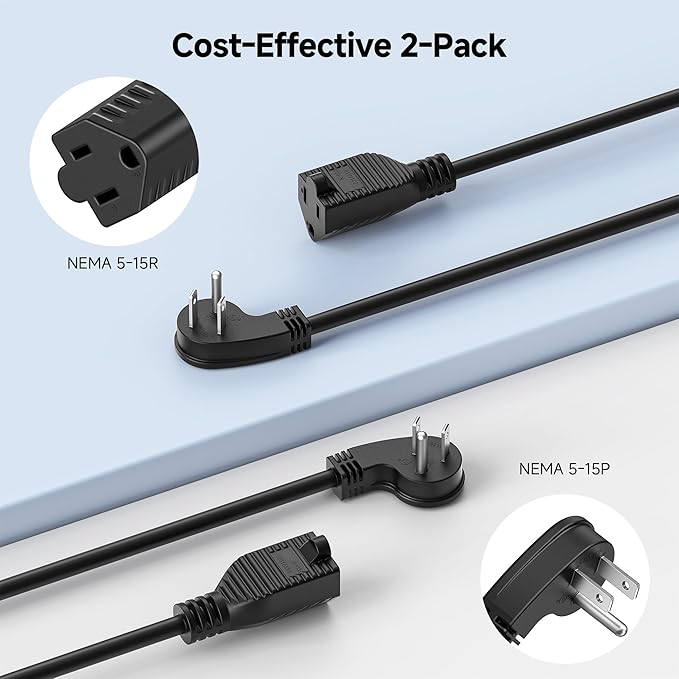 [UL Listed] Cable Matters 2-Pack Low Profile Flat Plug Extension Cord (Power Extension Cable) 6 Feet (NEMA 5-15P to NEMA 5-15R)
