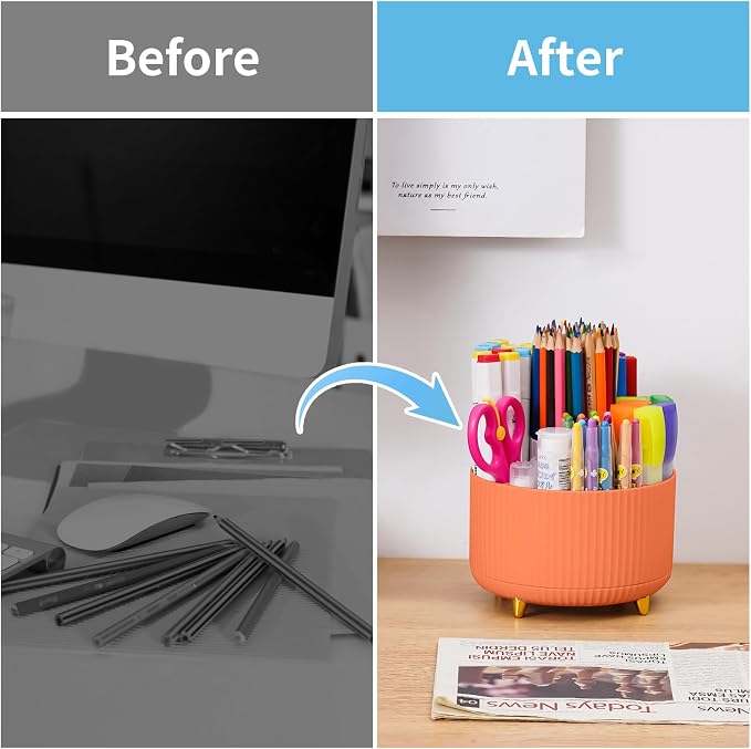 Marbrasse Desk Organizer, 360-Degree Rotating Pen Holder, Desk Organizers and Accessories with 5 Compartments Pencil Holder, Art Supply Storage Box Caddy for Office, Home（Orange）