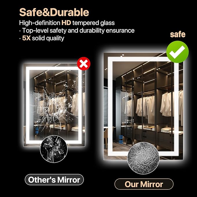 32”x24“ LED Bathroom Mirror with Light, Anti-Fog Wall Mount Vanity Mirror Dimmable & 3CCT, Memory Function Smart Large Mirrors for Bathroom Wall Over Sink, UL Listed, Plug in or Hardwire