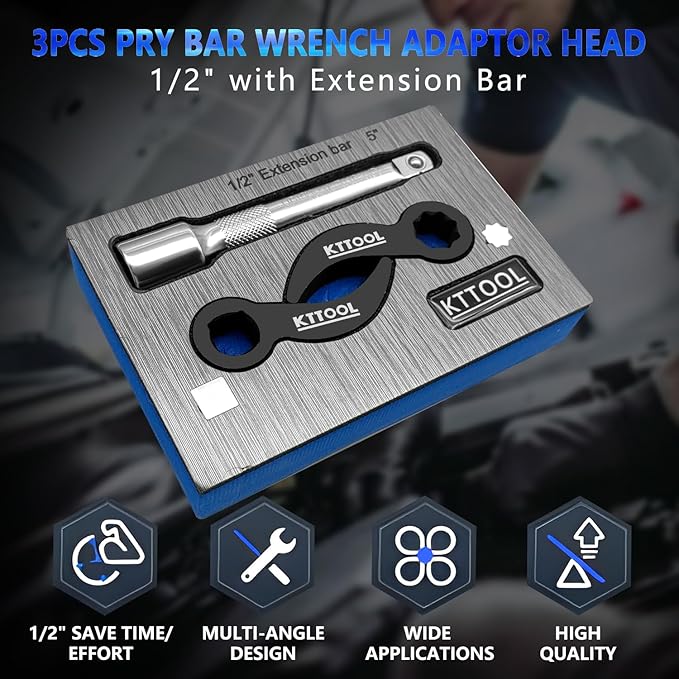 3 Pcs Pry Bar Wrench Adaptor Head, 2025 New Crowbar Adapter Head Tool, Half Shaft Removal Car Repairing Tools with Extension Bar for Tight Spaces, 1/2" D 4pt & 8pt Profile