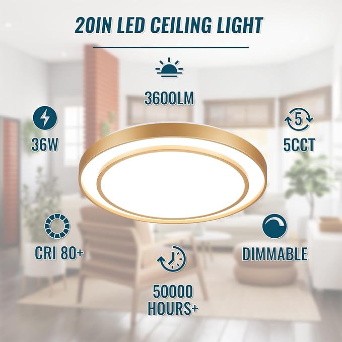 20 inch Flush Mount Ceiling Light Fixture LED 36W, Gold Dimmable Fixture Ceiling Mount Overhead, Modern Close to Ceiling Light 5CCT for Living Room,Kitchen, Bedroom