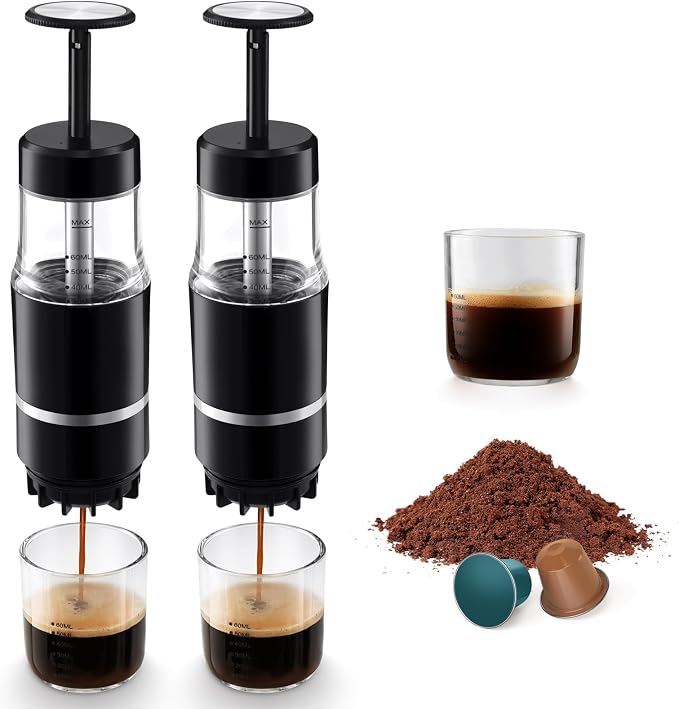 Portable Coffee Maker for Travel & Camping, Travel Lightweight Coffee Machines, Manually Operated, Compatible with Ground Coffee & NS Capsule Black (2Pcs)