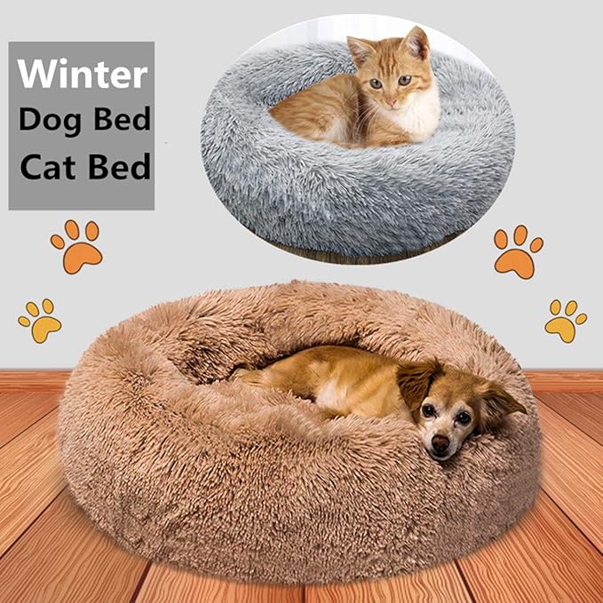 huraty Plush Dog Bed for Small Medium Dogs, Fluffy Donut Round Pet Cat Beds, Anti-Slip & Anti-Anxiety, 24 Inch for Puppy and Kitties, Khaki, M