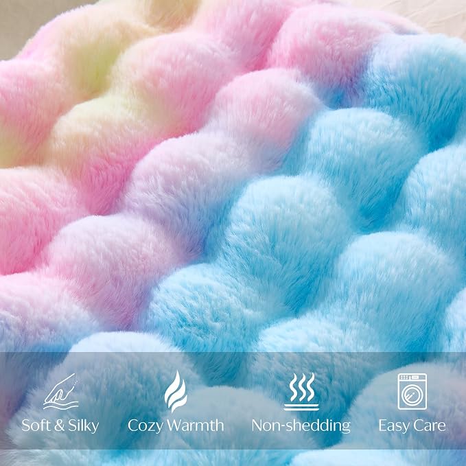 DOWNCOOL Large Faux Rabbit Fur Throw Blanket, Soft Fluffy Fuzzy Plush Bubble Blanket for Couch Sofa & Bed, Cozy Warm Luxury Fleece Minky Blanket, 90x90 Inches Rainbow
