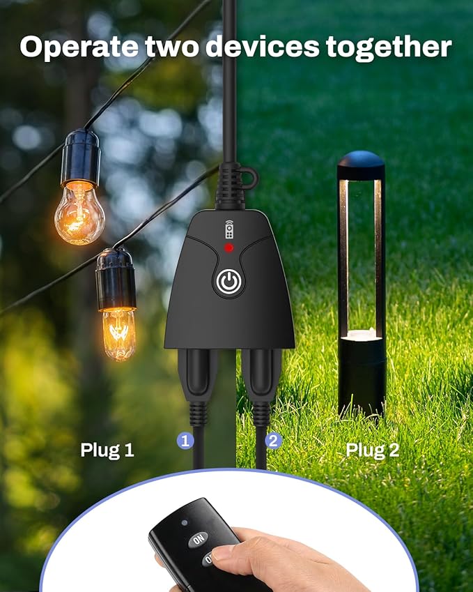 HBN Outdoor Wireless Remote Control Outlet Plug,Weatherproof Heavy Duty Power Strip,Indoor Electrical Plugs for Light Switch,6-inch Cord,100ft Range, 2 Remote Controls(15A,Dual 3-Prong Outlets)