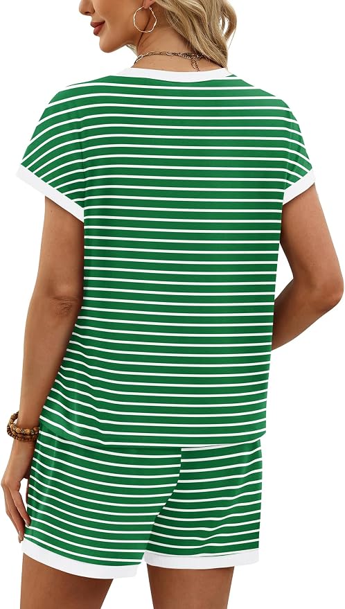 WIHOLL Two Piece Sets for Women Summer Lounge Short Sets Cap Sleeve Crew Neck Sweatsuit with Pocket XS-2XL