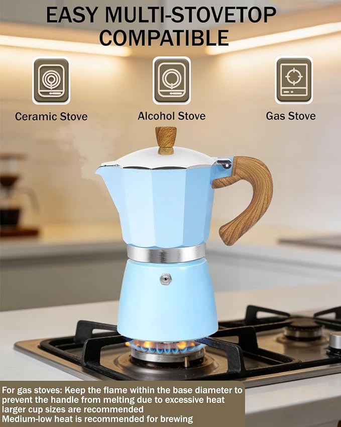 Coffee Maker Stovetop Espresso Maker 3 Cup Aluminum Moka Pot Percolator 5oz 150ml Easy Brewing for Electric Ceramic Stoves Home Camping Italian Cuban Café Classic Sip Sized Blue