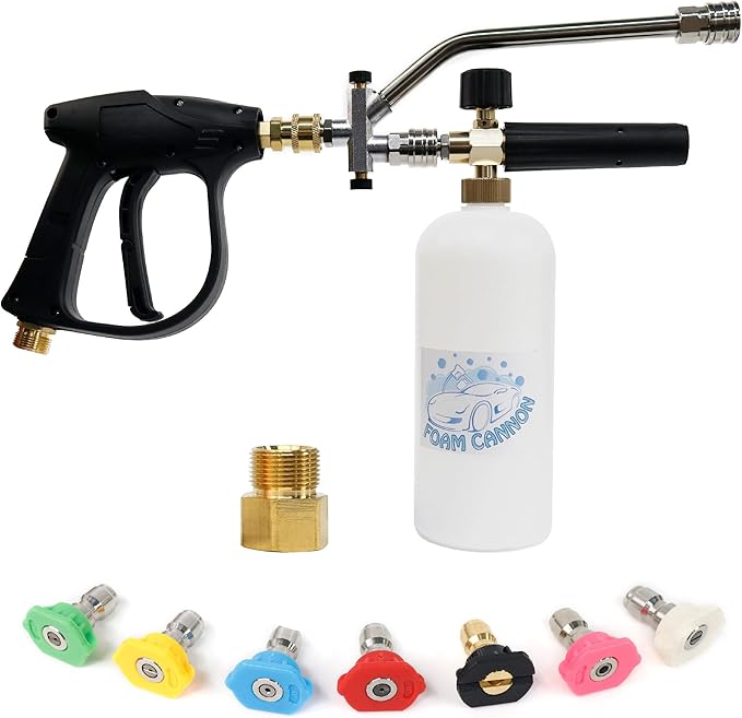 Foam Cannon Dual Connector, Pressure Washer Gun with Soap Cannon, 1/4 Inch Dual Quick Connector, with 7 Nozzle Tips, Container Capacity: 1 Liter