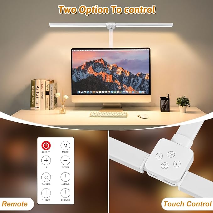 LED Desk Lamp with Clamp and Base, Dual Head Monitor Light | 24W Dimmable Eye-Caring Task Lamp with Timer, Anti-Glare Cover and Gooseneck for Home Office Dorm, Workbench and Study