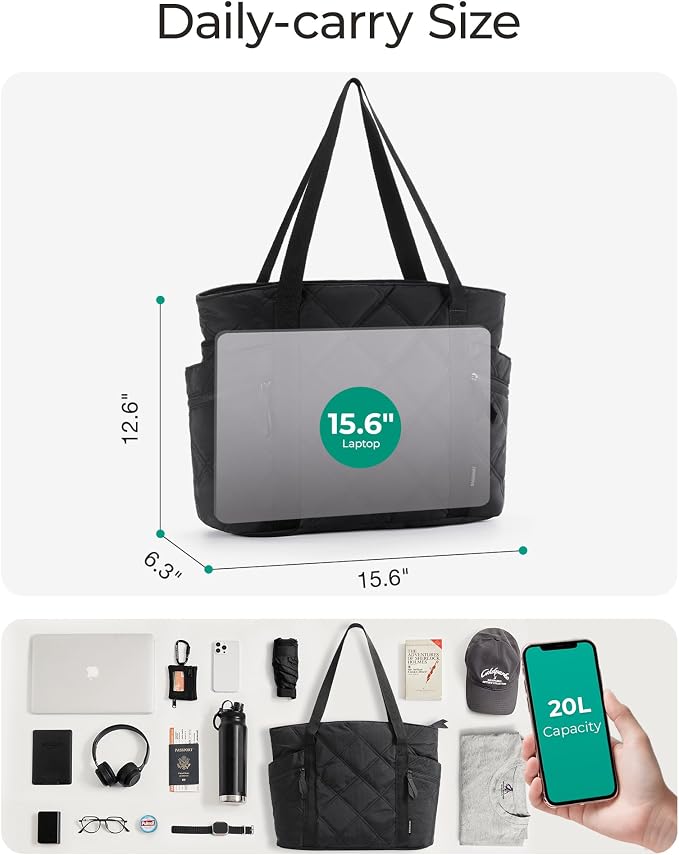 BAGSMART Crush Tote Bag for Women, 20L Puffer Work Tote with Zipper | Quilted Nurse Hospital Bag For Travel College Gym