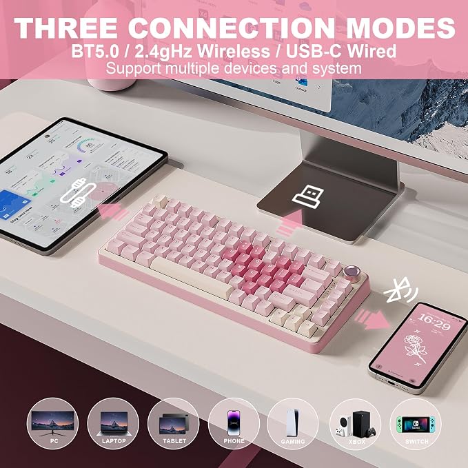 YUNZII B75 PRO 75% Wireless Mechanical Keyboard (Pink, Cocoa Cream V2) | Hot Swap Keyboard with Knob, Gasket Mount, Creamy Pre-lubed Switch for Smooth Typing, BT/USB-C/2.4G, for Gaming