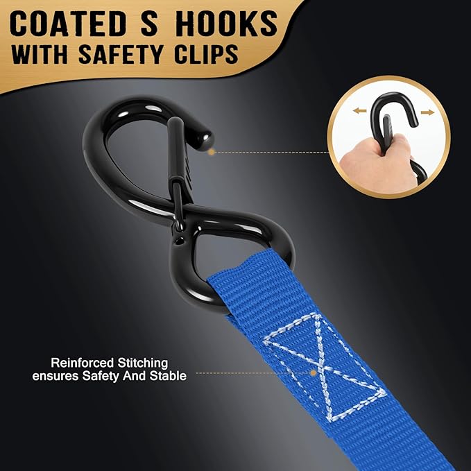 Ratchet Straps - Heavy Duty Tie Downs Straps - 1 Inch x 15 Feet 4 Pack - Safety S Hooks & Soft Loops, 1800LBS Break Strength for Men, Trucks Cargo Moving appliances Motorcycle ATV (Blue)