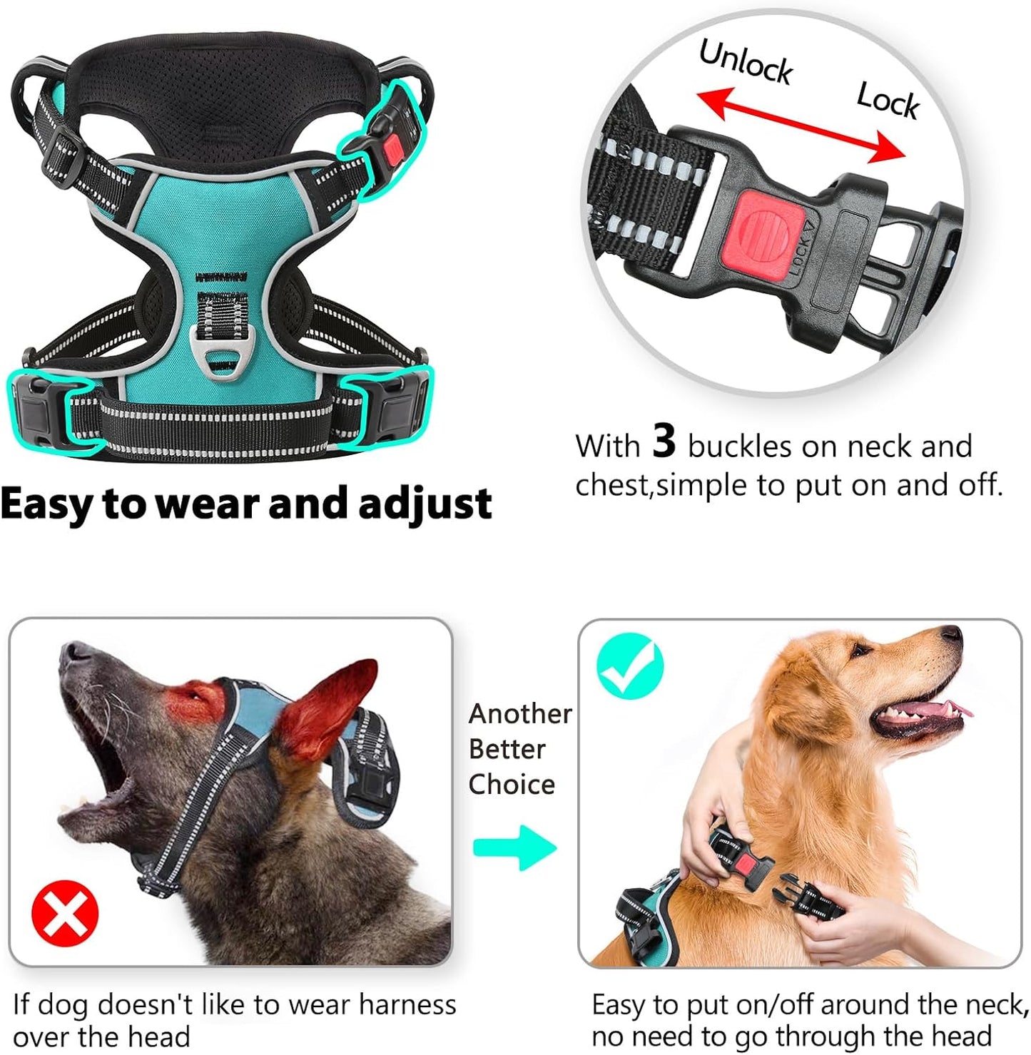 Timos Dog Harness,NO Need Go Over Dogs Head 3 Snap Buckles Pet Harness with 2 Leash Clips,Adjustable Soft Padded No-Pull,Reflective No-ChokeOxford Vest for Small Medium Large Dogs,X-Large (Pack of 1)