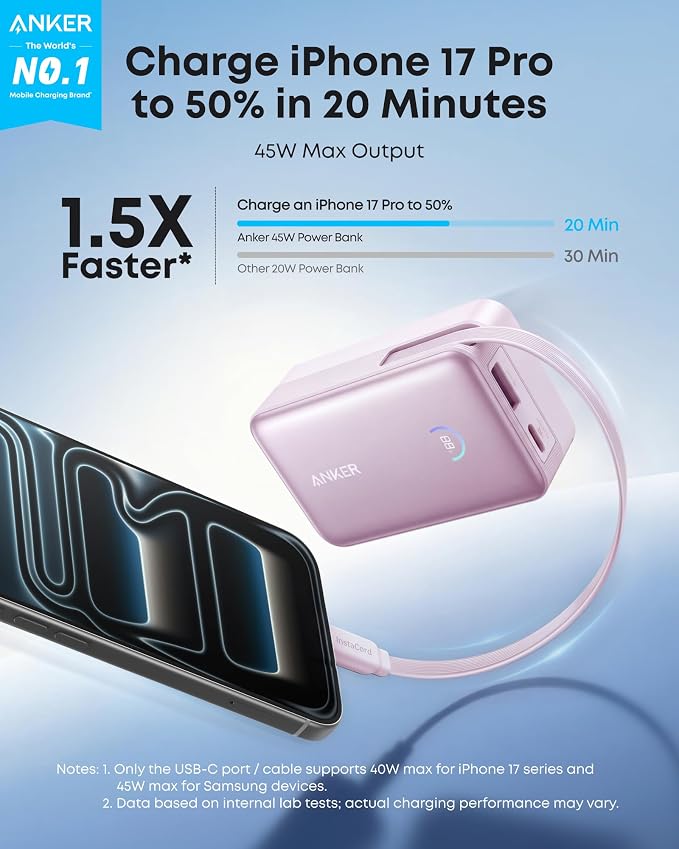 Anker Nano Power Bank, 45W 10,000mAh Portable Charger, iPhone Battery Pack | Built-In Retractable USB-C Cable, for iPhone 17 / 16 Series, iPad, Galaxy, Pixel, and More, Compact Travel Design