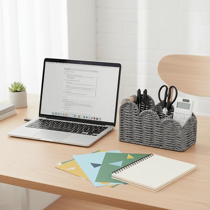CubesLand Bedside Table Desk Organizer Caddy, Remote Pen&Pencil Holder Cup | Makeup Brush Holder w/Scalloped Perfect for Home, Office Desk, Living Room Table Decor, 3 Slots Grey