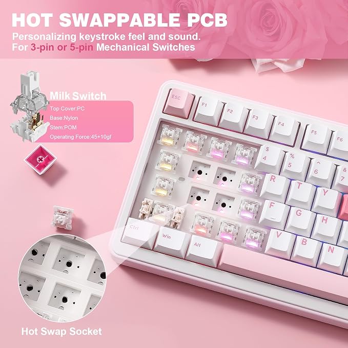 YUNZII B75 PRO 75% Wireless Mechanical Keyboard (White Heart,MilkV2) | Hot Swap Keyboard with Knob, Gasket Mount, Creamy Pre-lubed Switch for Smooth Typing, BT/USB-C/2.4G, for Gaming