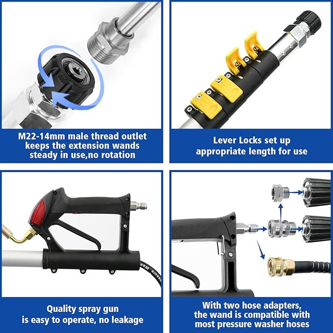 RAYNEL 24FT Telescoping Pressure Washer Extension Wand with Brush Head,Power Washer Extension Wand,Gutter Cleaner Attachment,5 Spray Nozzle Tips,Support Belt and 2 Hose Adapters