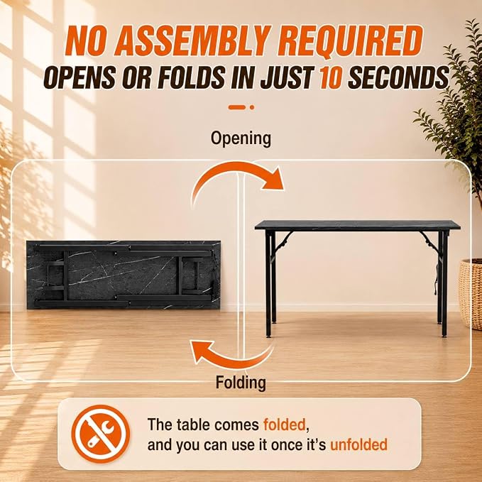Folding Table Computer Desk - 55.1" No Assembly Folding Desk Design and Foldable Office Desk, Small Desk for Bedroom, Compact Storage Portable Use for Dorm and RV Small Space, Marble Greige