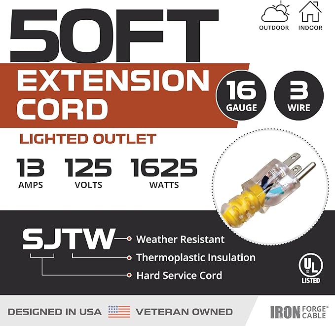 Iron Forge Cable Weatherproof 50 Ft Outdoor Extension Cord - 16/3 SJTW 13 Amp Heavy Duty Highly Visible Yellow Extension Cord 50ft 3 Prong - Lighted End