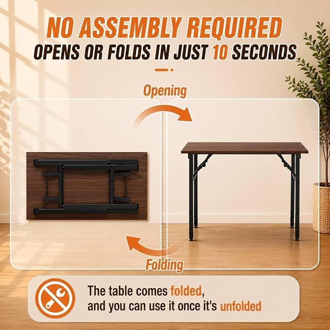Folding Table Computer Desk - 43.3" No Assembly Folding Desk Design and Foldable Office Desk, Small Desk for Bedroom, Compact Storage Portable Use for Dorm and RV Small Space, Dark Walnut