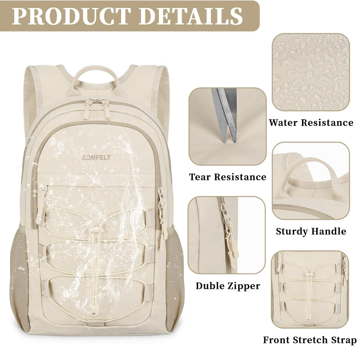 ZOMFELT Lightweight 15L Hiking Backpack - Water Resistant & Packable Daypack for Travel | Beige
