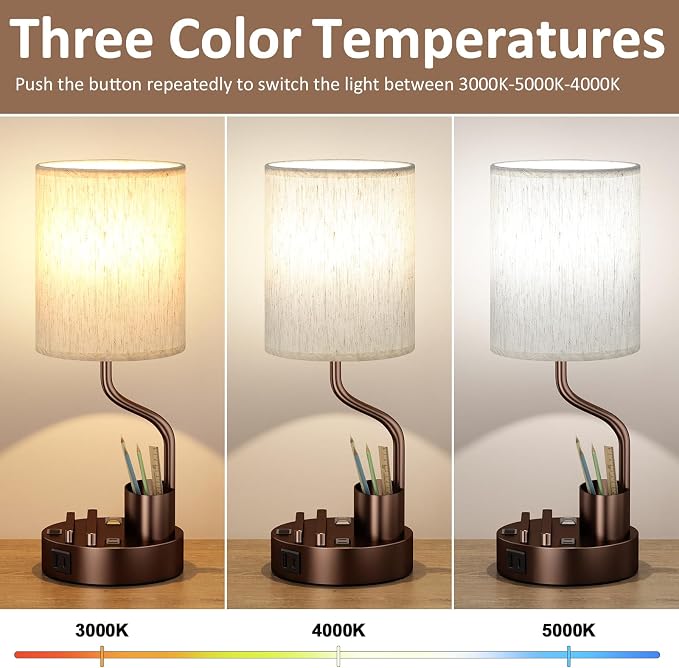 Fenmzee Bedside Lamps for Bedroom Set of 2 - Table Desk Lamp for Nightstand | 15" Table Lamp for Living Room with Pen Holder & Phone Stand, USB A+C Port, AC Outlet, 3 Color Temperature, LED Bulb Included