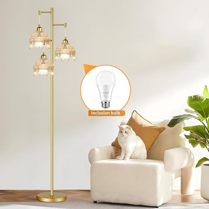 Vintage Floor Lamps for Living Room Bedroom-3 Light Gold Floor Lamp with Glass Lampshape, Flower Tall Lamp Glass Mid Century Standing Lamp Tree Floor Lamp for Living Room Corner