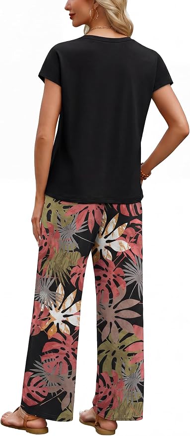WIHOLL Two Piece Set for Women Summer Spring Outfits Matching Sets Women Clothing Airport Travel Vacation Wide Leg Pants