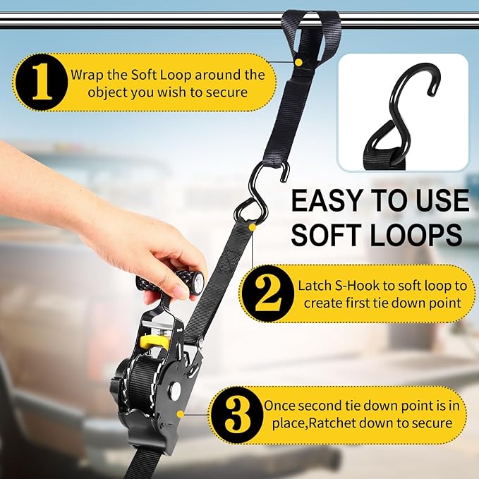 Retractable Ratchet Straps,1" x 10' Heavy Duty Ratchet Straps Self Retractable Tie Down Straps with Soft Loops for Motorcycle, Truck,Trailer(4-Pack)