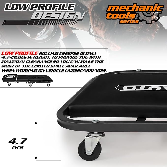 M-AUTO Foldable Z Creeper 2-in-1 Rolling Folding Car Creeper & Seat, 36" Adjustable Roller Garage Chair Lay Down or Sit, 330LBS Capacity Under Car Roller Creeper with 6 Swivel Casters, Black