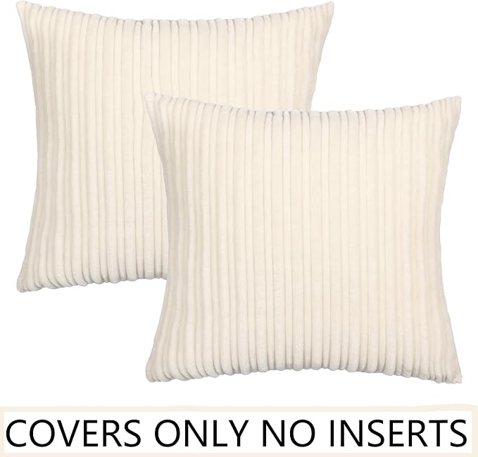 UGASA Corduroy Striped Soft Soild Decorative Square Throw Pillow Covers Set Cushion Cases Pillowcases for Sofa Bedroom, 2 Pcs, 26x26inch, Cream