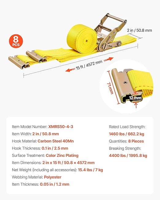 VEVOR E-Track Ratchet Straps, 8 Pack 2" x 15' Heavy Duty Cargo Tie-Downs, 4400 lbs Breaking Strength, Standard E Track Fitting Tie Down, E-Track Spring Fittings for Cargo Vans, Trucks, Trailers
