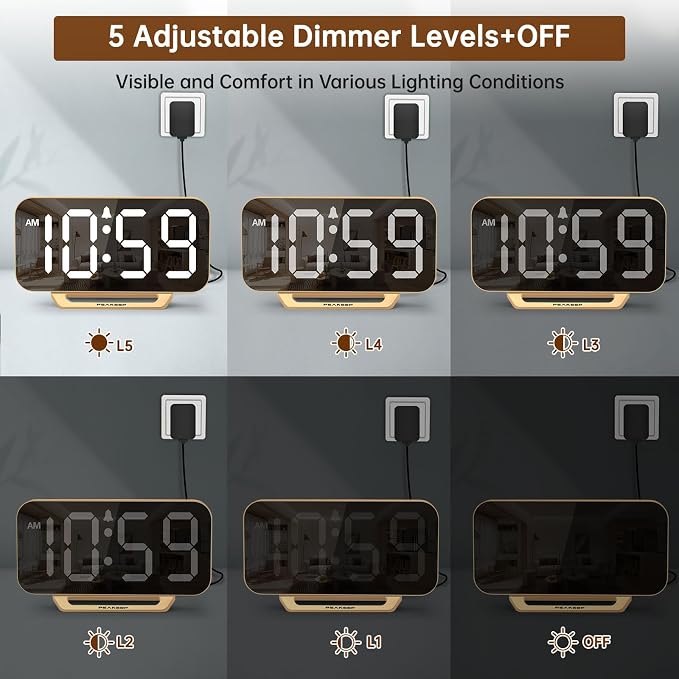Peakeep Slim Digital Mirror Aesthetic Alarm Clock for Bedrooms Desk Decor | Plug in Electric Big LED Modern Small Clock for Office Living Room, Battery Backup, 6 Dimmers (Gold)
