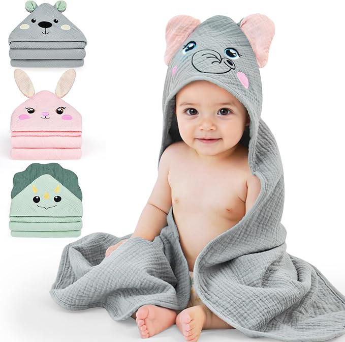 FIOBEE Hooded Baby Towels 100% Muslin Baby Bath Towels for Newborn with Animal Design Ultra-Soft and Absorbent Bath Essentials for Toddler, Unisex Girls Boys 30 x 30 inch, Gray Elephant
