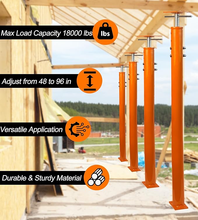 2 Pack House Jack Post Pole for Leveling, 48"-96" Adjustable House Floor Jacks, Support Joist Beam Brace Telescoping Jack Stands for Basements, Decks, Crawl Spaces, 18000 lbs Max Load Capacity