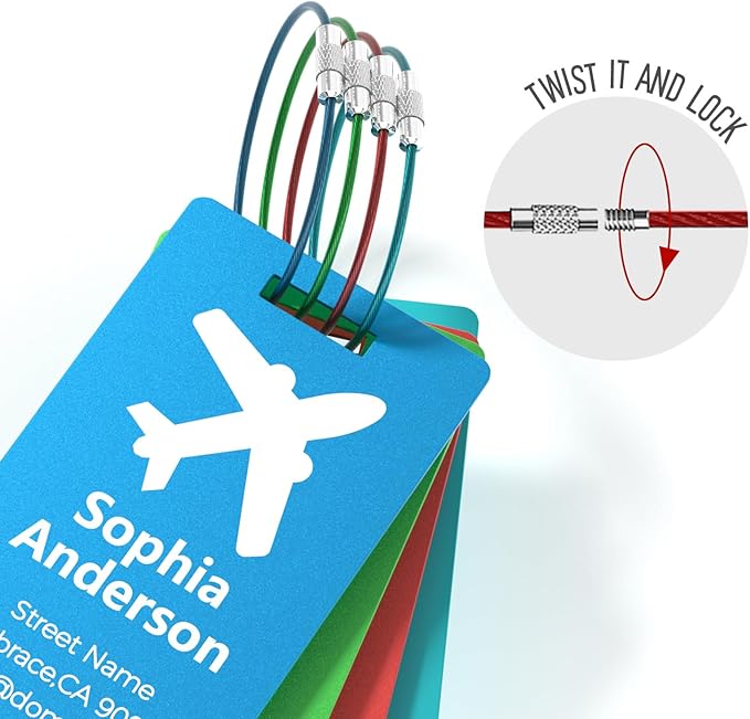 4 Personalized Metal Luggage Tags for Suitcase, Laser Engraved with Text and Logo, Custom Aluminum Name Tags with Stainless Steel Ring, for Travel, Golf Bag, and Baggage (Red)