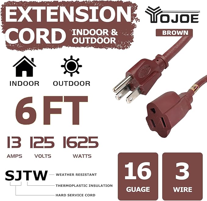YOJOE Indoor Outdoor Extension Cord, 3 Prong 13A Weatherproof Power Cord, 16 Gauge Heavy Duty 6 ft Brown Extension Cord for Garage, Garden and Home, 16/3 SJTW UL Listed